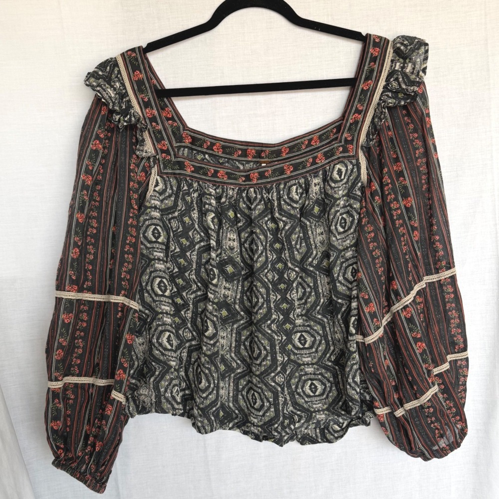 Free People Blouse Black Peasant Boho Ruffle Romantic Festival Mostly Meadow XL